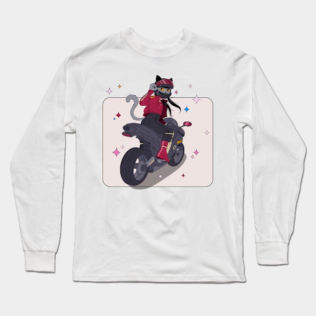 Biker cat girl Long Sleeve T-Shirt by ErisArt